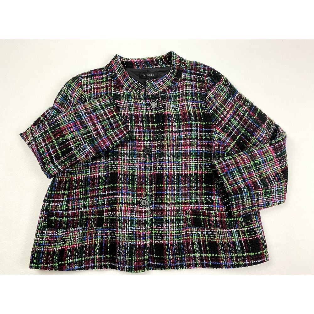 Talbots Womens 16 Tweed Short Jacket Plaid Wool Blend Collarless Crop Blazer